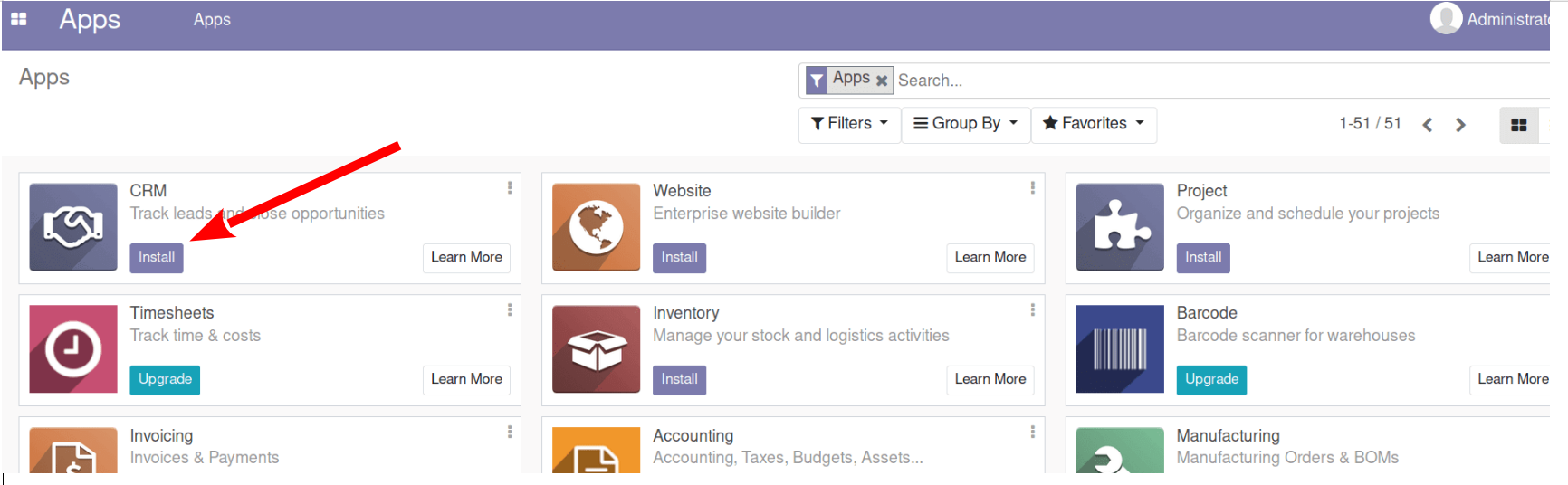 วิธีที่ติดตั้งโมดูลผ่านหน้าแอป (Apps) ของ Odoo